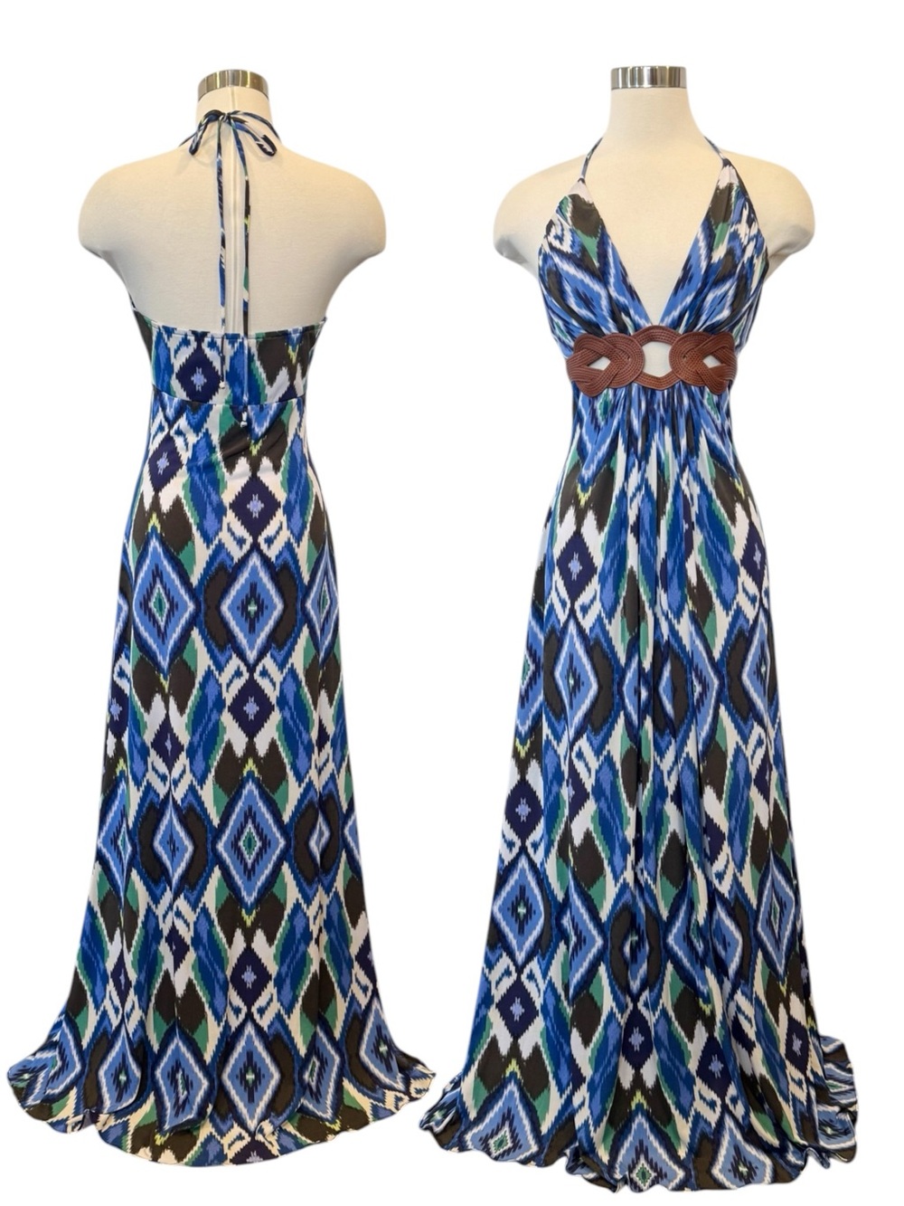 SKY IKAT Blue Brown Leather Braid Belt Keyhole Halter Maxi Gown Slip Dress NWOT - Picture 7 of 11